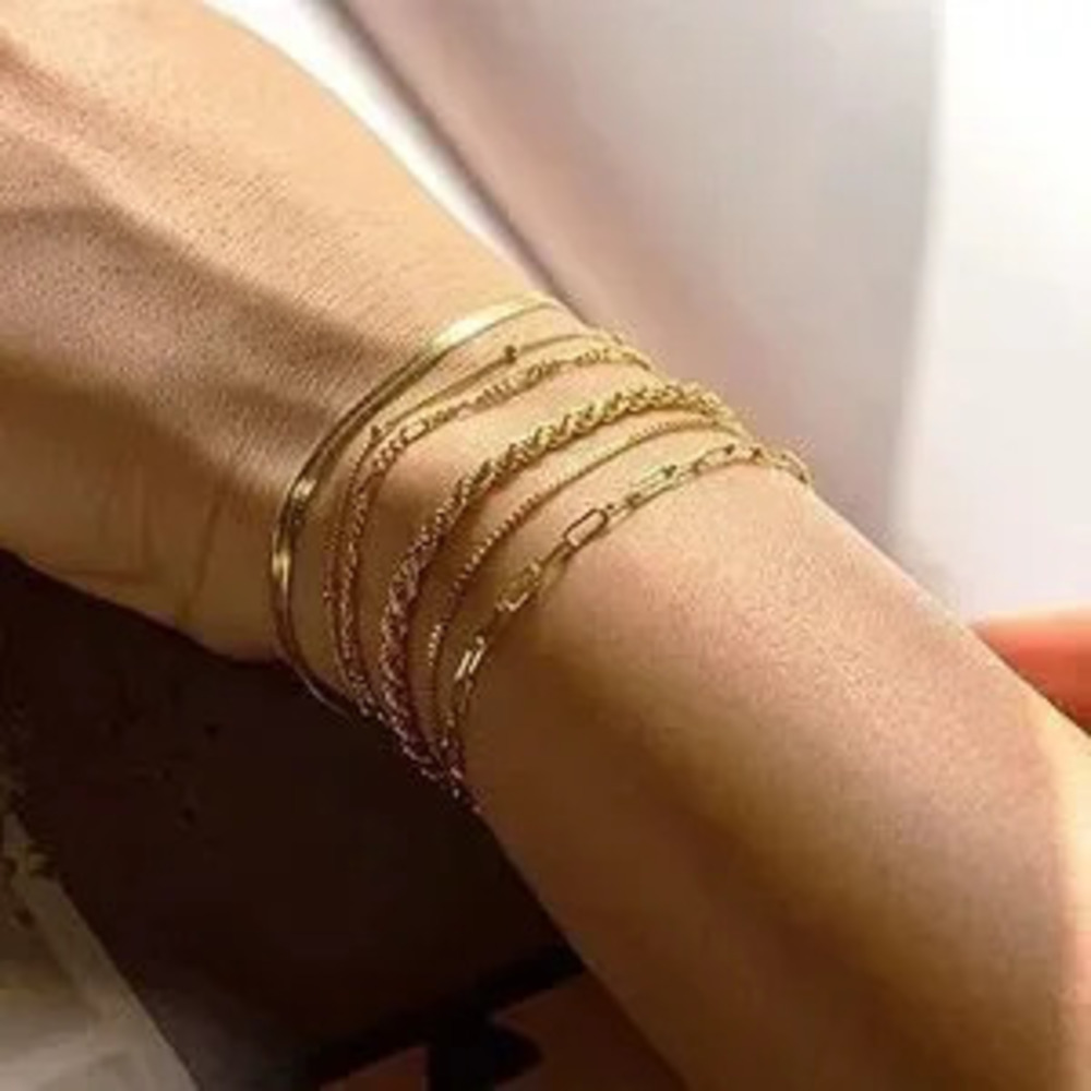 Gold Stainless Steel 6PC Chain Bracelet Stack 8.5 Layered Set Dainty - Picture 2 of 4